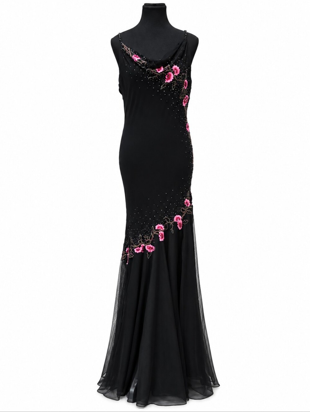 Vintage Y2K Xscape by Joanna Chen Silk Beaded Floral Gown Black Pink Size 14